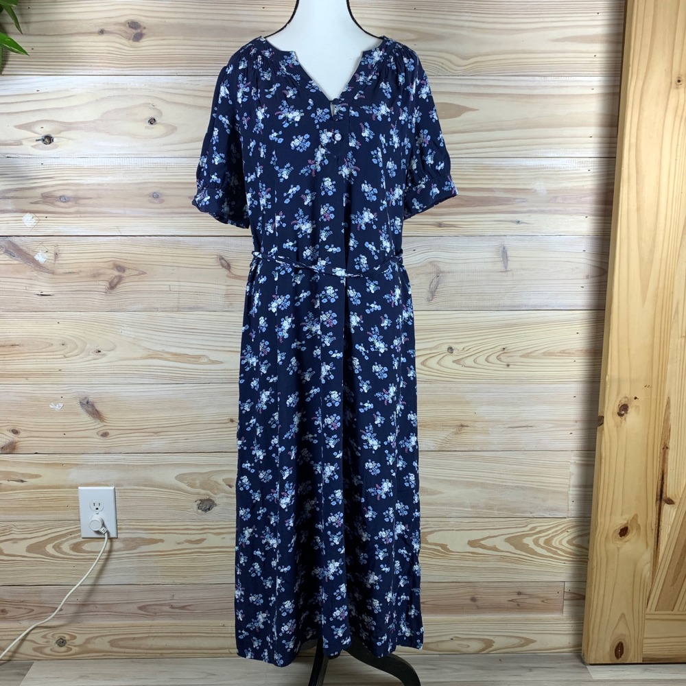 LOFT Midi Dress Womens 14 Navy Blue Floral Short Sleeve V-Neck Tie Waist
